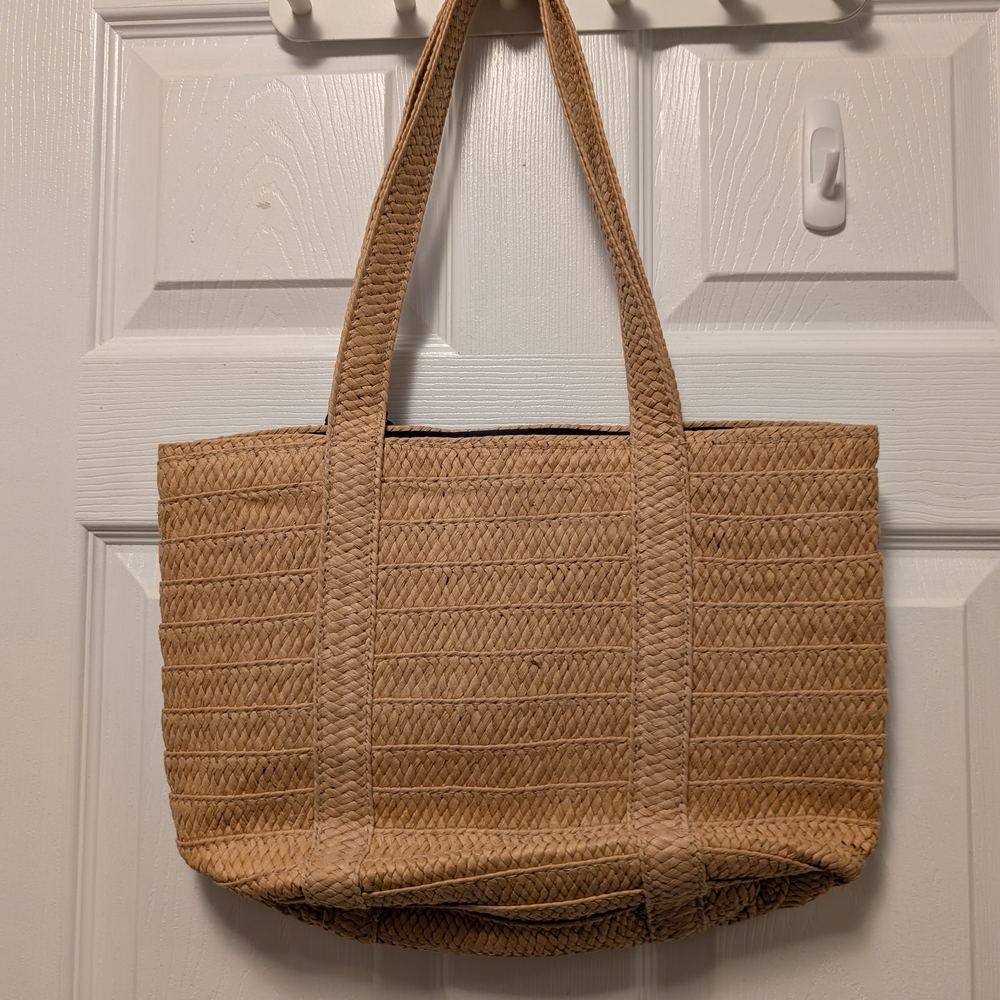 Draper James Tan Woven Tote with Navy Floral Accent - Picture 2 of 4